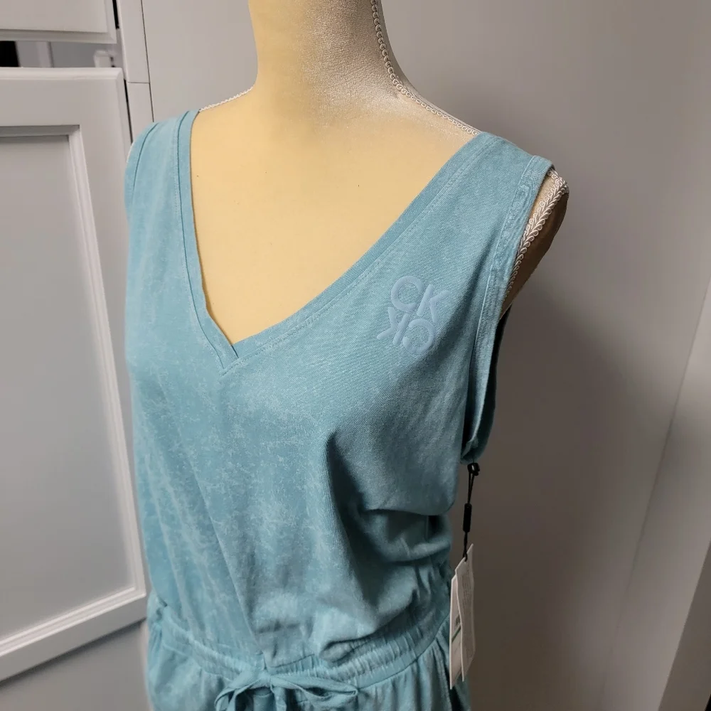 Calvin Klein Athletic Jumpsuit Romper Sleeveless Drawstring Waist Aqua NWT Large